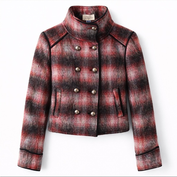 Free People Plaid Military Jacket Cropped Wool Blend Double Breasted, S - Picture 2 of 7